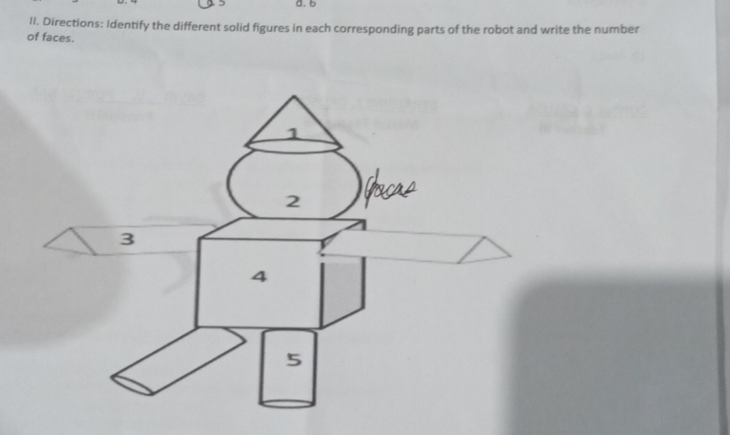 Directions: Identify the different solid figures in each corresponding parts of the robot and write the number 
of faces.