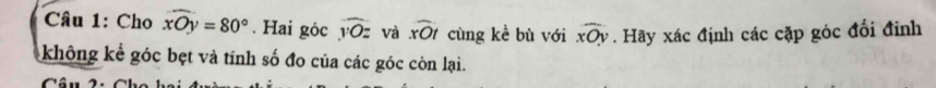 Cho widehat xOy=80°. Hai góc widehat yOz và overline xOt cùng kể bù với overline xOy. Hãy xác định các cặp góc đổi đinh 
không kể góc bẹt và tính số đo của các góc còn lại. 
Câu 1
