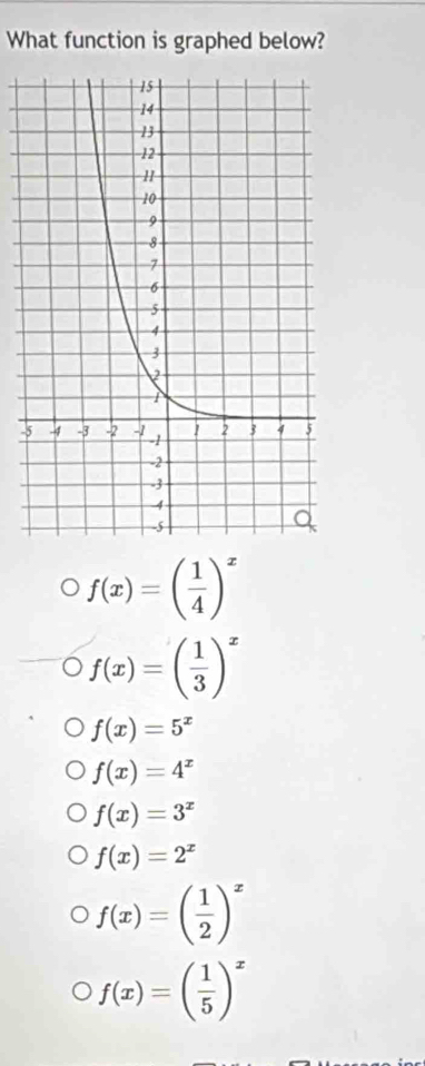 What function is graphed below?
-
f(x)=( 1/4 )^x
f(x)=( 1/3 )^x
f(x)=5^x
f(x)=4^x
f(x)=3^x
f(x)=2^x
f(x)=( 1/2 )^x
f(x)=( 1/5 )^x