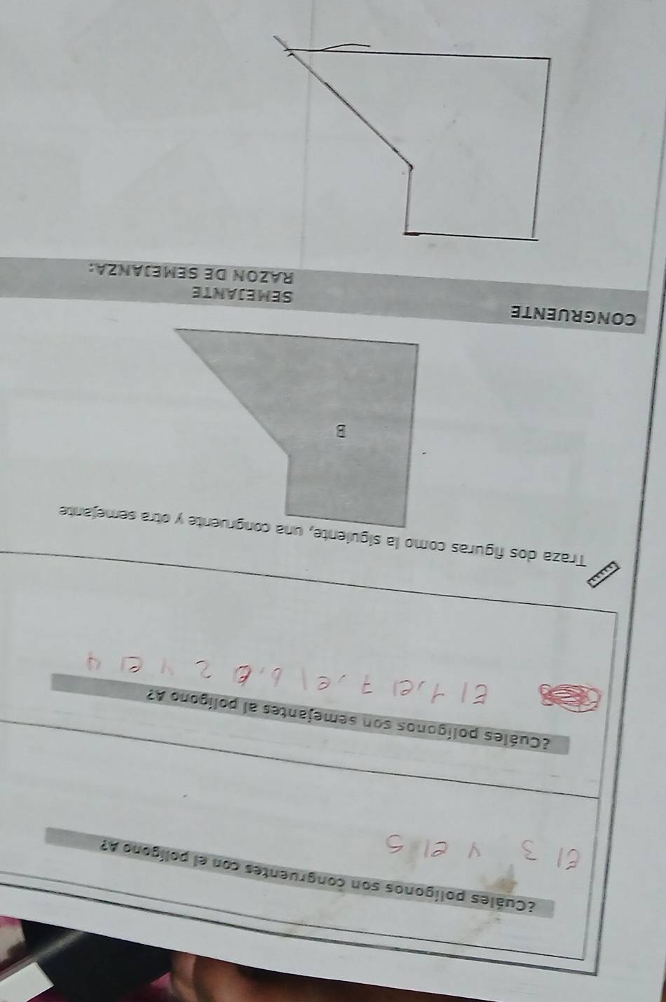 ¿Cuáles polígonos son congruentes con el polígono A? 
¿Cuáles polígonos son semejantes al polígono A? 
CONGRUENTE SEMEJANTE 
RÁZÓN DE SEMEJANZA: