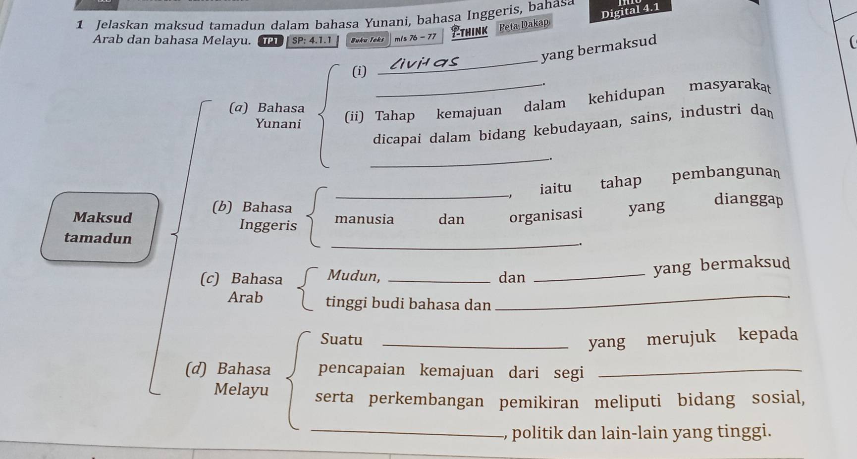 Digital 4.1 
1 Jelaskan maksud tamadun dalam bahasa Yunani, bahasa Inggeris, bahasa 
Arab dan bahasa Melayu. TPT SP: 4.1.1 Buku Teks m/s 76 - 77 PThINk Peta Dakap 
yang bermaksud 
 
(i) livitas_ 
(α) Bahasa 
Yunani 
(ii) Tahap kemajuan dalam kehidupan masyarakat 
dicapai dalam bidang kebudayaan, sains, industri dan 
_. 
iaitu tahap pembangunan 
(b) Bahasa 
_ 
Maksud manusia dan organisasi yang 
dianggap 
Inggeris 
tamadun 
_ 
(c) Bahasa Mudun, _dan_ 
yang bermaksud 
Arab tinggi budi bahasa dan_ 
Suatu _yang merujuk kepada 
(d) Bahasa pencapaian kemajuan dari segi_ 
Melayu serta perkembangan pemikiran meliputi bidang sosial, 
_ 
politik dan lain-lain yang tinggi.