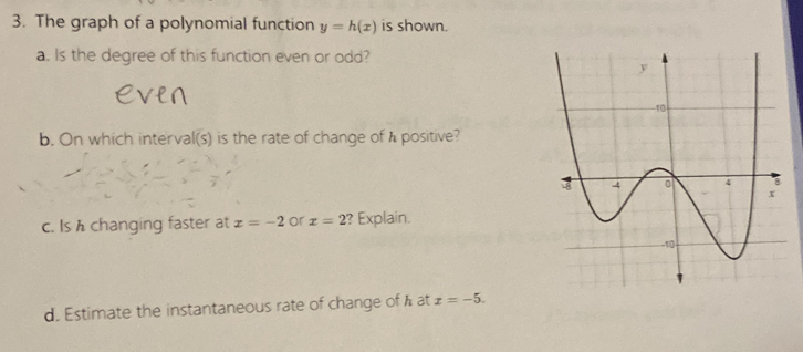 The graph of a polynomial function y=h(x) is shown. 
a. Is the degree of this function even or odd? 
b. On which interval(s) is the rate of change of A positive? 
c. Is h changing faster at x=-2 or x=2 ? Explain. 
d. Estimate the instantaneous rate of change of at x=-5.