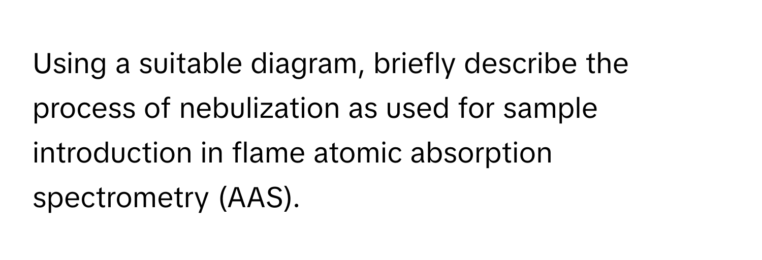 Using a suitable diagram, briefly describe the process of nebulization as used for sample introduction in flame atomic absorption spectrometry (AAS).