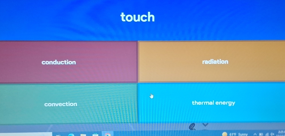 touch
conduction radiation
convection thermal energy
61° Sunny