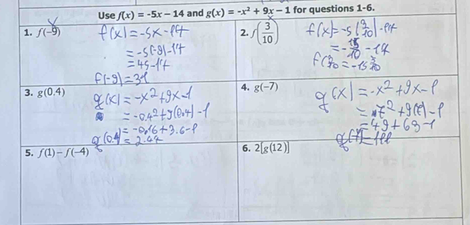 g(x)=-x^2+9x-1 for questions 1-6.