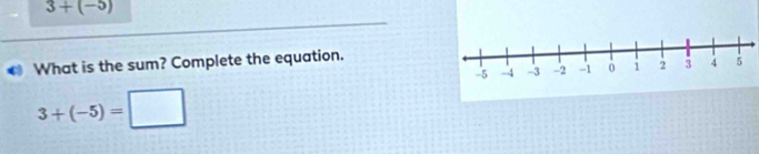 3+(-5)
What is the sum? Complete the equation.
3+(-5)=