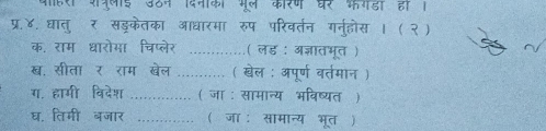 दनाका मूल करण घर फगडा ही । 
प्र.४. धात् र सड्केतका आधारमा रुूप परिवतन गनहोस । ( २) 
क॰ राम धारोओ _( लड : अज्ञातभूत ) 
ख सीता र राम _( खेल : अपूर्ण वरत्तमान ) 
ग. हामी विदेश _( जा : सामान्य भविष्यत ) 
घ. तिमी बजार _(जा: सामान्य भूत )