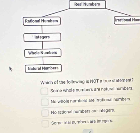 Real Numbers
Rational Numbers Irrational Num
Integers
Whole Numbers
Natural Numbers
Which of the following is NOT a true statement?
Some whole numbers are natural numbers.
No whole numbers are irrational numbers.
No rational numbers are integers.
Some real numbers are integers.