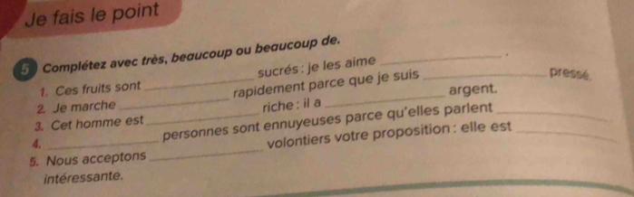 Je fais le point 
5 Complétez avec très, beaucoup ou begucoup de._ 
sucrés : je les aime 
. 
1. Ces fruits sont 
2. Je marche __rapidement parce que je suis 
pressé, 
riche : il a argent. 
_personnes sont ennuyeuses parce qu'elles parlent__ 
3. Cet homme est 
_ 
4. 
_ 
volontiers votre proposition : elle est 
5. Nous acceptons 
intéressante.