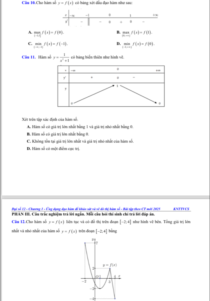 Câu 10.Cho hàm số y=f(x) có bảng xét dấu đạo hàm như sau:
B.
A. beginarrayr maxf(x)f(x)=f(0). beginarrayr max (0;+x)endarray f(x)=f(1).
D.
C. min_(-x_i-l)f(x)=f(-1). limlimits _(-1;+∈fty )f(x)=f(0).
Câu 11. Hàm số y= 1/x^2+1  có bảng biến thiên như hình vvector e.
Xét trên tập xác định của hàm số.
A. Hàm số có giá trị lớn nhất bằng 1 và giá trị nhỏ nhất bằng 0.
B. Hàm số có giá trị lớn nhất bằng 0.
C. Không tồn tại giá trị lớn nhất và giá trị nhỏ nhất của hàm số.
D. Hàm số có một điểm cực trị.
Đại số 12 - Chương 1 - Ứng dụng đạo hàm đễ khảo sát và vẽ đò thị hàm số - Bài tập theo CT mới 2025 KNTTVCS
PHẢN III. Câu trắc nghiệm trả lời ngắn. Mỗi câu hỏi thí sinh chỉ trả lời đáp án.
Câu 12.Cho hàm số y=f(x) liên tục và có đồ thị trên đoạn [-2;4] như hình vẽ bên. Tổng giá trị lớn
nhất và nhỏ nhất của hàm số y=f(x) trên đoạn [-2;4] bằng
-4