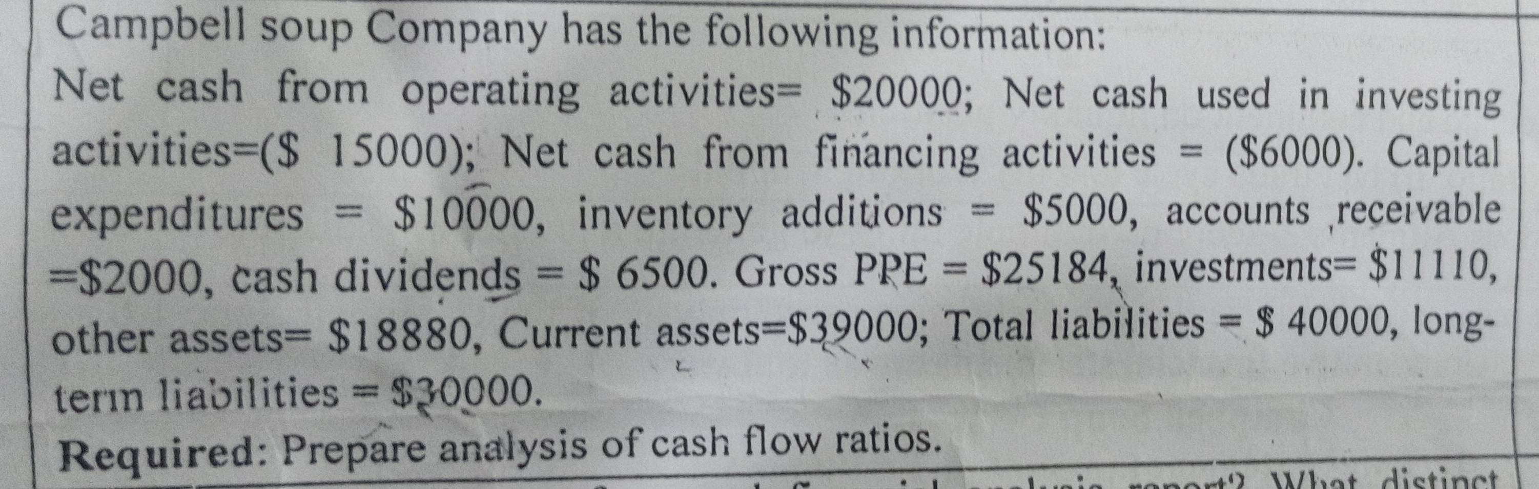 Campbell soup Company has the following information: 
Net cash from operating activities =$20000; Net cash used in investing 
activities =($15000); Net cash from financing activities =($6000). Capital 
expenditures =$10widehat 000 , inventory additions =$5000 , accounts receivable 
= $2000 , cash dividends =$6500. Gross PRE=$25184 investments = $11110, 
other assets = $18880 , Current assets =$39000; Total liabilities =$40000, , long- 
term liabilities = $30000. 
Required: Prepare analysis of cash flow ratios.