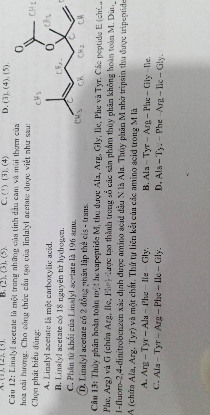A. (1), (2), (3). B. (2), (3), (5). C. (1) (3), (4). D. (3), (4), (5).
Câu 12: Linalyl acetate là một trong những của tinh dầu cam và mùi thơm c
hoa oài hương. Cho công thức cấu tạo của linlalyl acetate được viết như s
Chọn phát biểu đúng:
A. Linalyl acetate là một carboxylic acid.
B. Linalyl acetate có 18 nguyên tử hydrogen.
C. Phân tử khối của Linalyl acetate là 196 amu.
D. Linalyl acetate có 2 đồng phân lập thể cis - trans.
Câu 13: Thủy phân hoàn toàn m^2 et hexapeptide M, thu được Ala, Arg, Gly, Ile, Phe và Tyr. Các peptide E (chúa
Phe, Arg) và G (chứa Arg, Ile, Phe) được tạo thành trong số các sản phẩm thủy phân không hoàn toàn M. Dùn
1-fluoro- 2, 4 -dinitrobenzen xác định được amino acid đầu N là Ala. Thủy phân M nhờ tripsin thu được tripeptide
A (chứa Ala, Arg, Tyr) và một chất. Thứ tự liên kết của các amino acid trong M là
A. Arg - Tyr - Ala - Phe - Ile - Gly. B. Ala - Tyr - Arg - Phe - Gly -lle.
C. Ala - Tyr - Arg - Phe - Ile - Gly. D. Ala - Tyr - Phe -Arg - Ile - Gly.