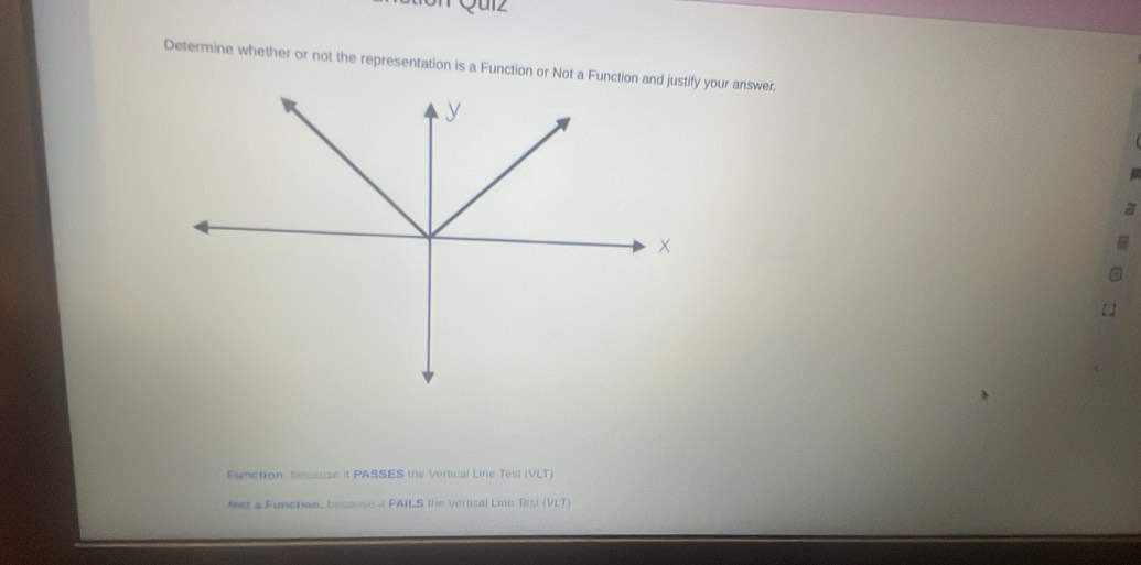 Determine whether or not the representation is a Function or Not a Function and your answer. 
a 
Funetion, becsuse it PASSES the Vertical Line Test (VLT) 
Nst a Function, bemuse ( FAILS the Vertical Line Test (VLT)