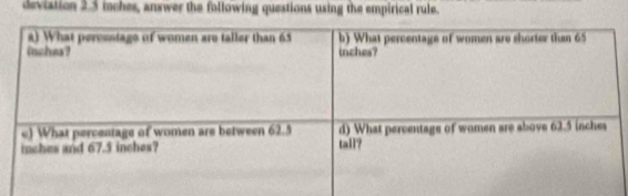 deviation 2.5 inches, answer the following questions using the empirical rule.