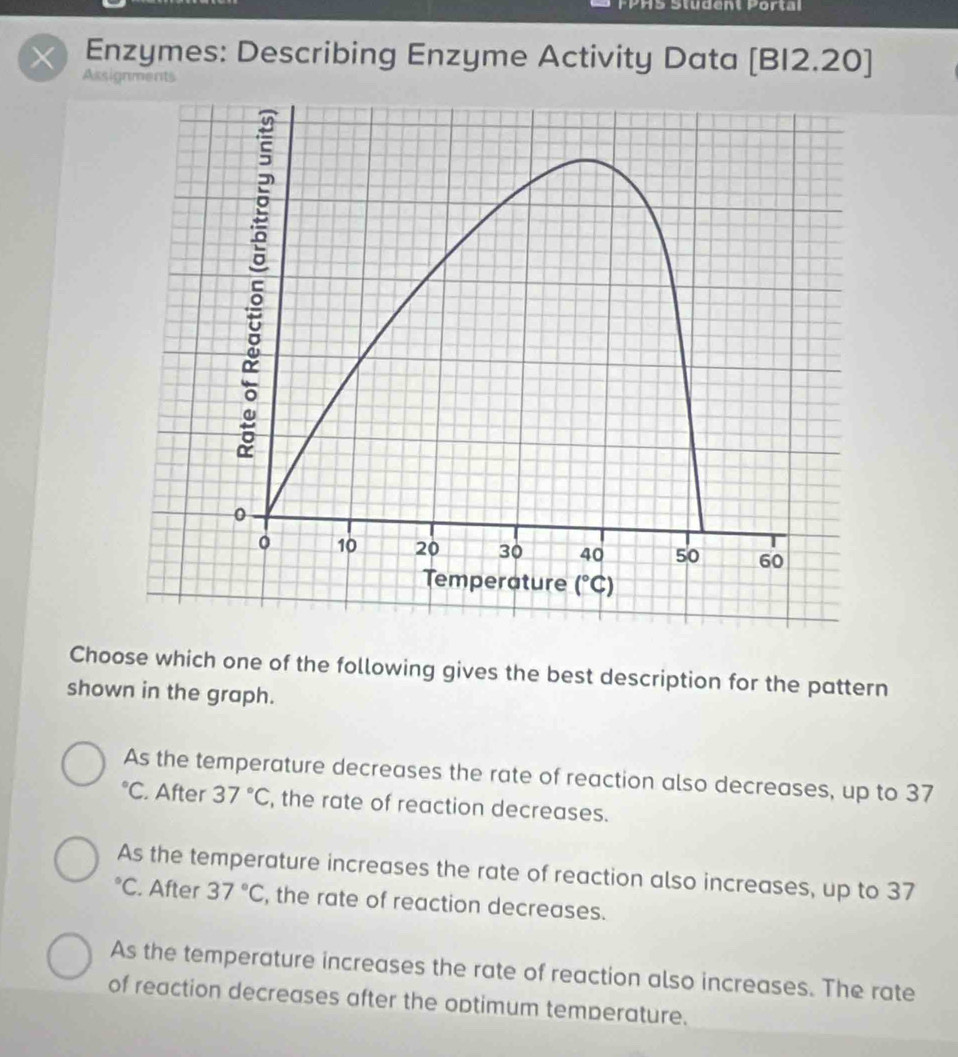 Enzymes: Describing Enzyme Activity Data [BI2.20]
Assignments
Choose which one of the following gives the best description for the pattern
shown in the graph.
As the temperature decreases the rate of reaction also decreases, up to 37°C. After 37°C , the rate of reaction decreases.
As the temperature increases the rate of reaction also increases, up to 37
°C. After 37°C , the rate of reaction decreases.
As the temperature increases the rate of reaction also increases. The rate
of reaction decreases after the optimum temperature.