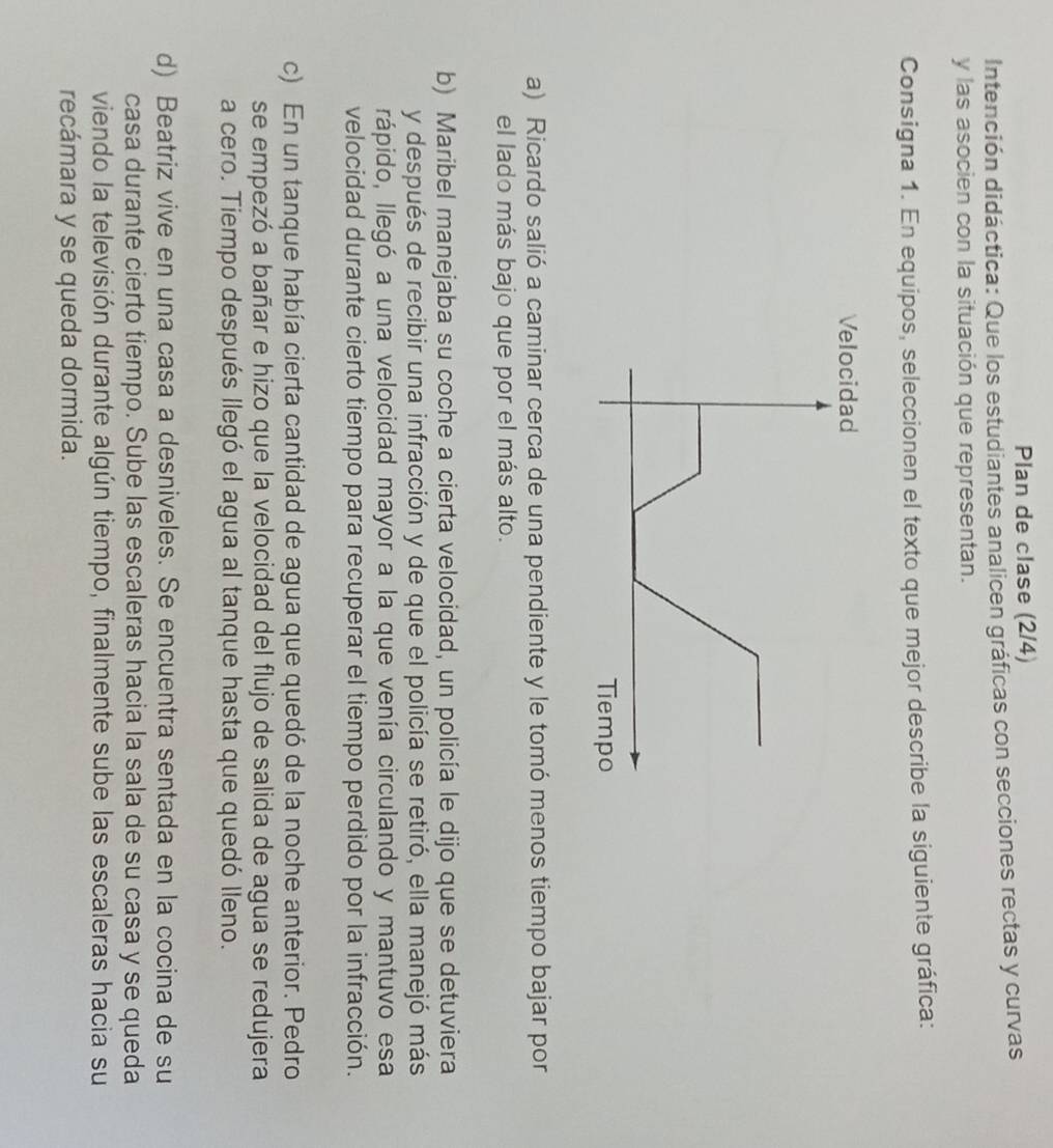 Plan de clase (2/4)
Intención didáctica: Que los estudiantes analicen gráficas con secciones rectas y curvas
y las asocien con la situación que representan.
Consigna 1. En equipos, seleccionen el texto que mejor describe la siguiente gráfica:
Velocidad
a) Ricardo salió a caminar cerca de una pendiente y le tomó menos tiempo bajar por
el lado más bajo que por el más alto.
b) Maribel manejaba su coche a cierta velocidad, un policía le dijo que se detuviera
y después de recibir una infracción y de que el policía se retiró, ella manejó más
rápido, llegó a una velocidad mayor a la que venía circulando y mantuvo esa
velocidad durante cierto tiempo para recuperar el tiempo perdido por la infracción.
c) En un tanque había cierta cantidad de agua que quedó de la noche anterior. Pedro
se empezó a bañar e hizo que la velocidad del flujo de salida de agua se redujera
a cero. Tiempo después llegó el agua al tanque hasta que quedó lleno.
d) Beatriz vive en una casa a desniveles. Se encuentra sentada en la cocina de su
casa durante cierto tiempo. Sube las escaleras hacia la sala de su casa y se queda
viendo la televisión durante algún tiempo, finalmente sube las escaleras hacia su
recámara y se queda dormida.