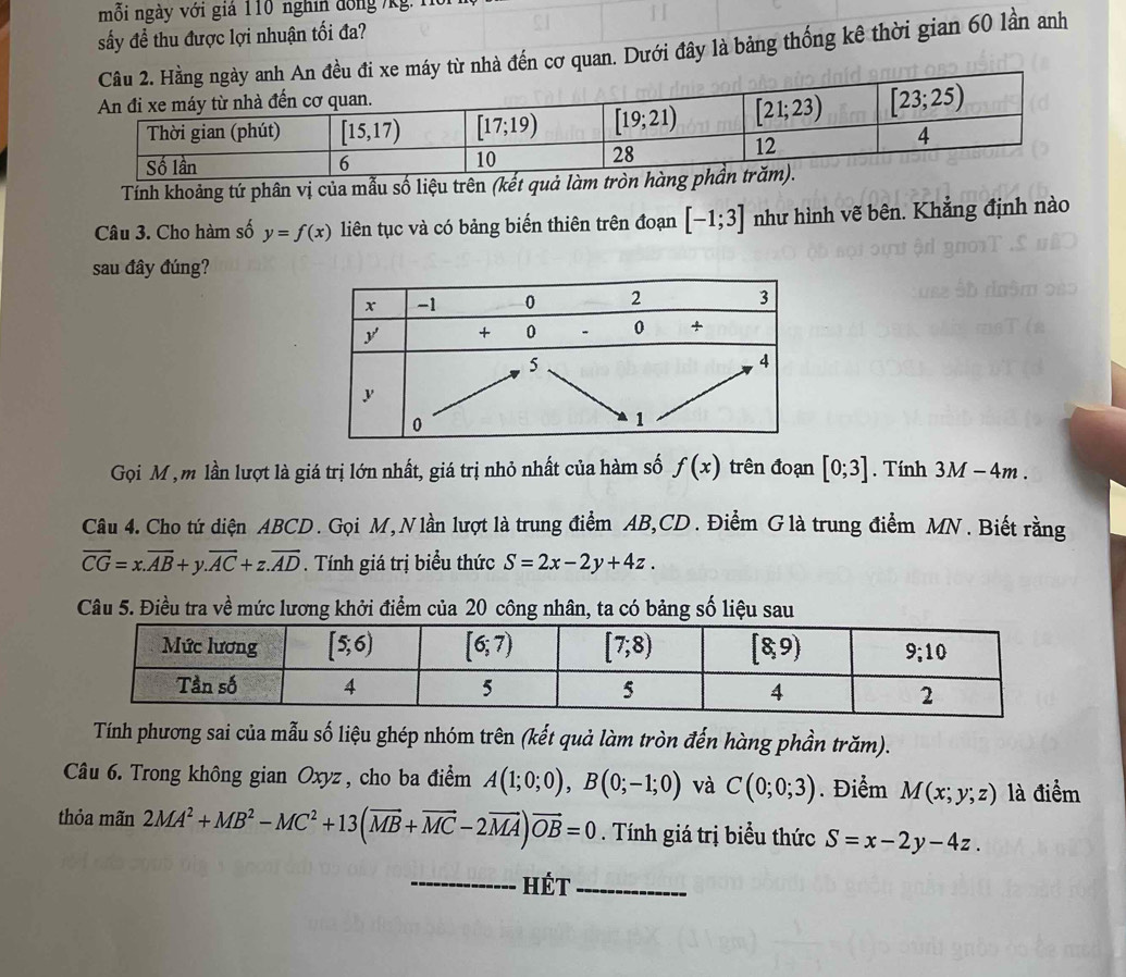 mỗi ngày với giá 110 nghĩn đồng /kg: T
sấy để thu được lợi nhuận tối đa?
nhà đến cơ quan. Dưới đây là bảng thống kê thời gian 60 lần anh
Tính khoảng tứ phân vị của mẫu số liệu trên (kết quả làm tròn h
Câu 3. Cho hàm số y=f(x) liên tục và có bảng biến thiên trên đoạn [-1;3] như hình vẽ bên. Khẳng định nào
sau đây đúng?
Gọi M, m lần lượt là giá trị lớn nhất, giá trị nhỏ nhất của hàm số f(x) trên đoạn [0;3]. Tính 3M-4m.
Câu 4. Cho tứ diện ABCD. Gọi M, Nlần lượt là trung điểm AB,CD. Điểm G là trung điểm MN. Biết rằng
overline CG=x.overline AB+y.overline AC+z.overline AD. Tính giá trị biểu thức S=2x-2y+4z.
Câu 5. Điều tra về mức lương khởi điểm của 20 công nhân, ta có bảng số liệu sau
Tính phương sai của mẫu số liệu ghép nhóm trên (kết quả làm tròn đến hàng phần trăm).
Câu 6. Trong không gian Oxyz, cho ba điểm A(1;0;0),B(0;-1;0) và C(0;0;3). Điểm M(x;y;z) là điểm
thỏa mãn 2MA^2+MB^2-MC^2+13(vector MB+vector MC-2vector MA)vector OB=0. Tính giá trị biểu thức S=x-2y-4z.
_Hét_