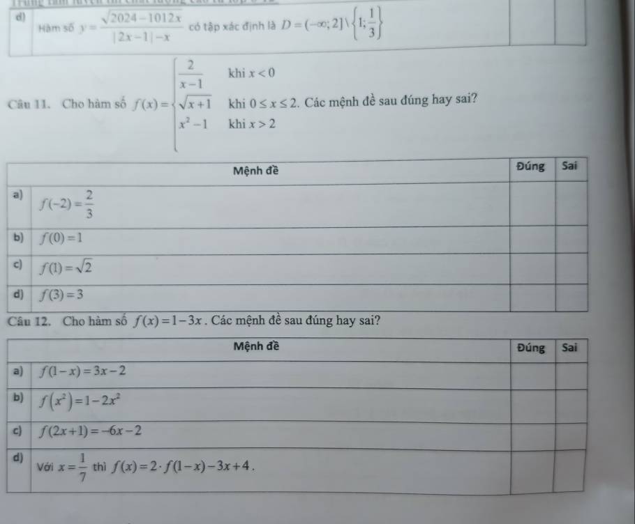 y= (sqrt(2024-1012x))/|2x-1|-x  có tập xác định là D=(-∈fty ;2]vee  1; 1/3 
Hàm số
Câu 11. Cho hàm số f(x)=beginarrayl  2/x-1  sqrt(x+1) x^2-1endarray. khi x<0</tex>
khi 0≤ x≤ 2. Các mệnh đề sau đúng hay sai?
khi x>2