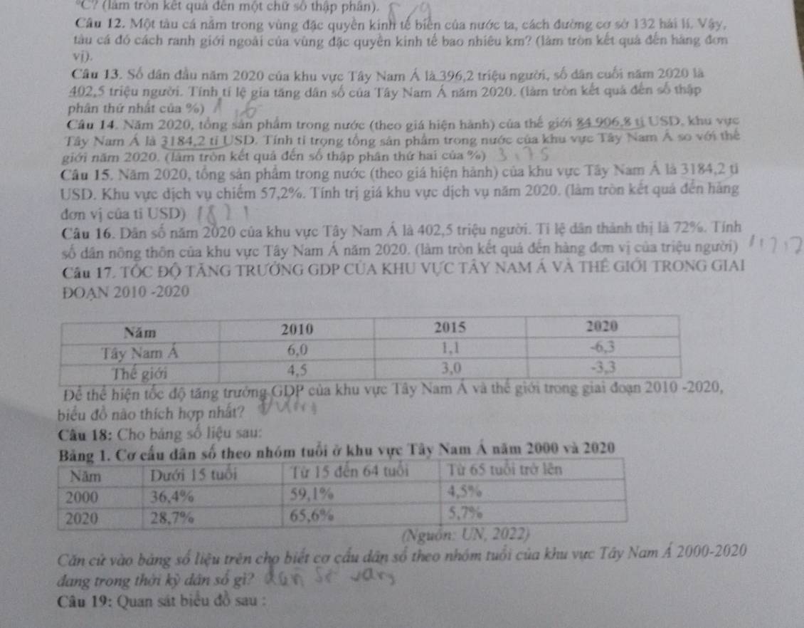 C? (làm tròn kết quả đến một chữ số thập phân).
Câu 12. Một tàu cá nằm trong vùng đặc quyền kinh tế biển của nước ta, cách đường cơ sở 132 hải lí. Vậy,
tàu cá đó cách ranh giới ngoài của vùng đặc quyền kinh tế bao nhiêu km? (làm tròn kết quả đến hàng đơm
vj).
Câu 13. Số dân đầu năm 2020 của khu vực Tây Nam Á là 396,2 triệu người, số dân cuối năm 2020 là
402,5 triệu người. Tính tí lệ gia tăng dân số của Tây Nam Á năm 2020. (làm tròn kết quả đến số thập
phân thứ nhật của %)
Cầu 14. Năm 2020, tổng sản phẩm trong nước (theo giá hiện hành) của thế giới 84.906,8 tị USD, khu vực
Tây Nam Á là 3184,2 tỉ USD. Tính tỉ trọng tổng sân phẩm trong nước của khu vực Tây Nam Á so với thể
giới năm 2020. (làm tròn kết quả đến số thập phân thứ hai của %)
Câu 15. Năm 2020, tổng sản phẩm trong nước (theo giá hiện hành) của khu vực Tây Nam Á là 3184,2 ti
USD. Khu vực dịch vụ chiếm 57,2%. Tính trị giá khu vực dịch vụ năm 2020. (làm tròn kết quả đến hàng
đơn vị của ti USD)
Câu 16. Dân số năm 2020 của khu vực Tây Nam Á là 402,5 triệu người. Tỉ lệ dân thành thị là 72%. Tính
số dân nông thôn của khu vực Tây Nam Á năm 2020. (làm tròn kết quả đến hàng đơn vị của triệu người)
Câu 17, TỐC Độ TăNG TRưởNG GDP CủA KHU VựC tâY NAM Á và tHể Giới TRONG GIAi
DOAN 2010 -2020
Để thể hiện tốc độ tăng trưởng GDP của khu vực Tây Nam Á và thế giới trong giai đoạn 201
biểu đồ nào thích hợp nhất?
Cầu 18: Cho bảng số liệu sau:
tuổi ở khu vực Tây Nam Á năm 2000 và 2020
Căn cử vào bảng số liệu trên chọ biết cơ cấu dân số theo nhóm tuổi của khu vực Tây Nam Á 2000-2020
đang trong thời kỳ dân số gì?
Câu 19: Quan sát biểu đồ sau :