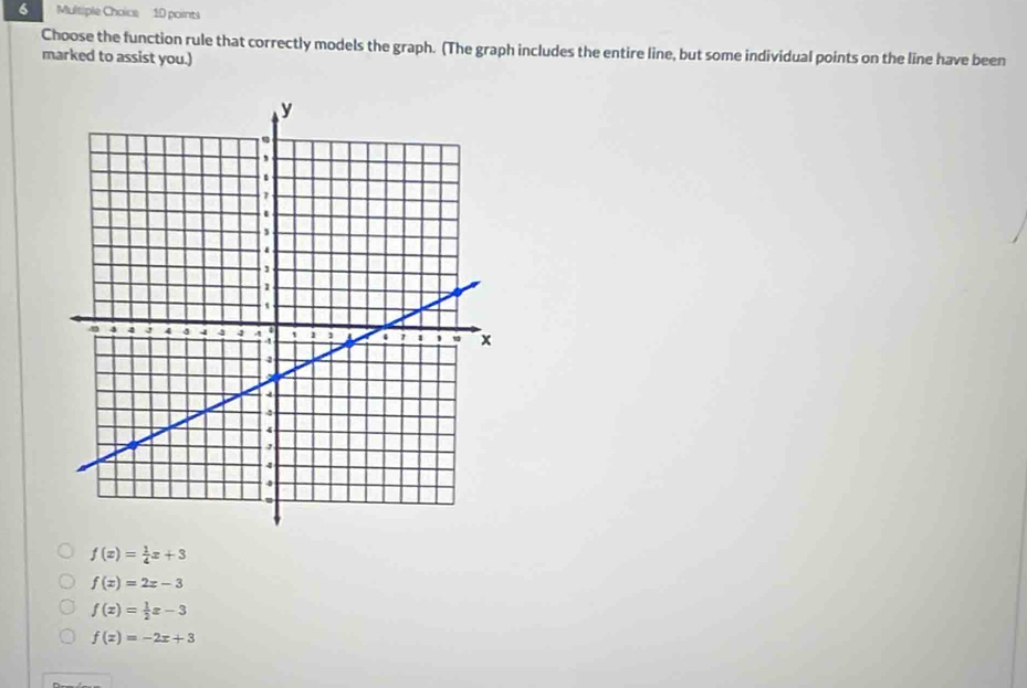 Choose the function rule that correctly models the graph. (The graph includes the entire line, but some individual points on the line have been
marked to assist you.)
f(x)= 1/4 x+3
f(x)=2x-3
f(x)= 1/2 x-3
f(x)=-2x+3