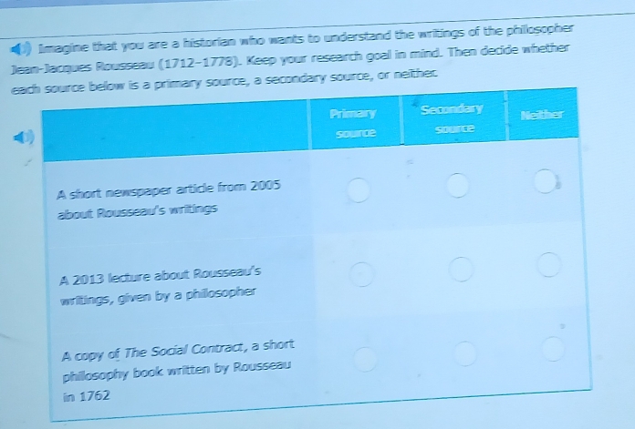 (1) Imagine that you are a historian who wants to understand the writings of the phillosopher 
Jean-Jacques Rousseau (1712-1778). Keep your research goal in mind. Then decide whether 
either