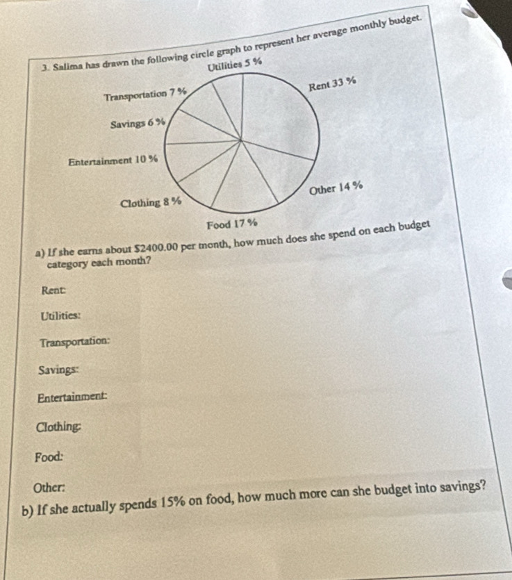 graph to represent her average monthly budget 
a) If she earns about $2400.00 per month, how much does she spend on each budget 
category each month? 
Rent: 
Utilities: 
Transportation: 
Savings: 
Entertainment: 
Clothing: 
Food: 
Other: 
b) If she actually spends 15% on food, how much more can she budget into savings?