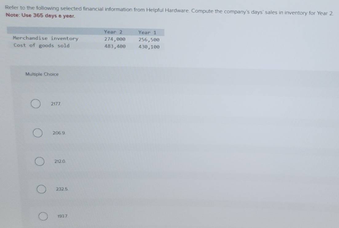 Refer to the following selected financial information from Helpful Hardware. Compute the company's days ' sales in inventory for Year 2.
Note: Use 365 days a year.
Multiple Choice
2177.
206.9.
212.0.
232.5.
193 7