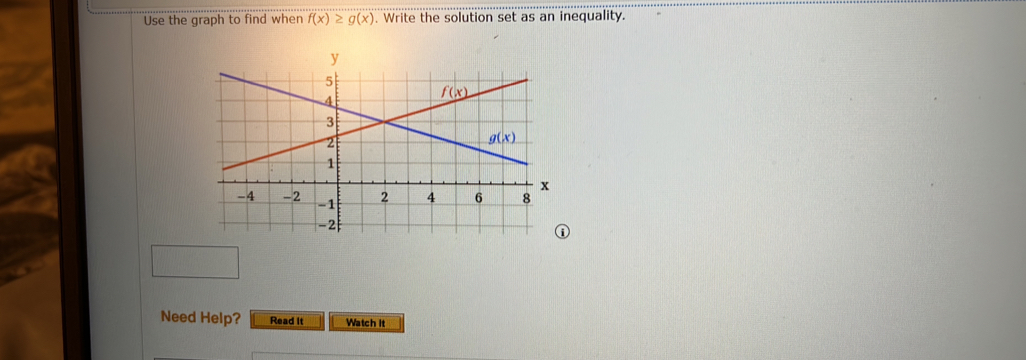 Use the graph to find when f(x)≥slant g(x). Write the solution set as an inequality.
Need Help? Read it Watch it