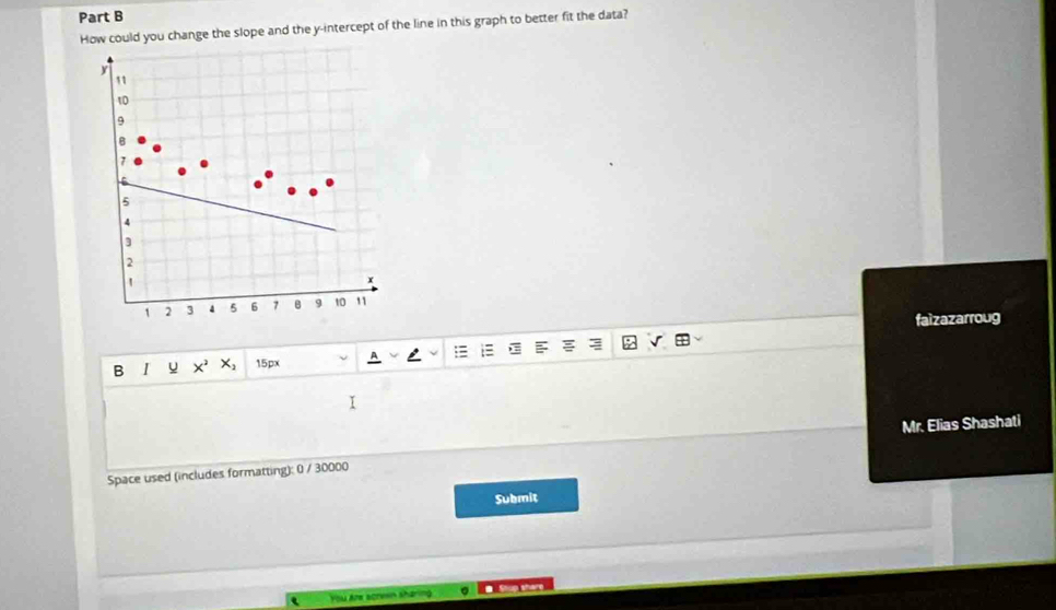 How could you change the slope and the y-intercept of the line in this graph to better fit the data?
y
11
10
9
B
7
C
5
4
3
2!
x
1 2 3 4 5 6 7 B 9 10 "1
faizazarroug 
B x^2 X_2 15px
Space used (includes formatting): 0 / 30000 Mr. Elias Shashati 
Submit 
You Are acresn sharing ● Stup shere