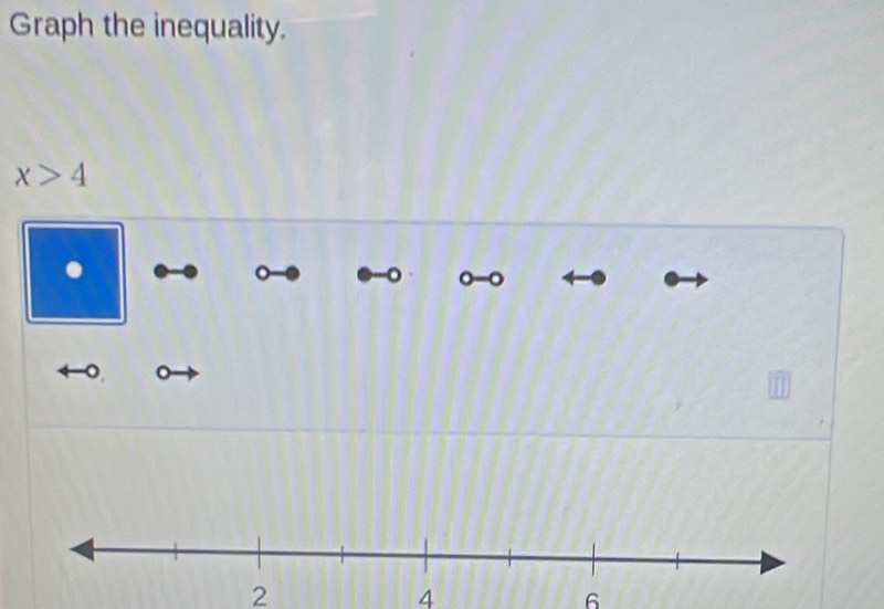 Graph the inequality.
x>4. 0 -0
。
2
4
6