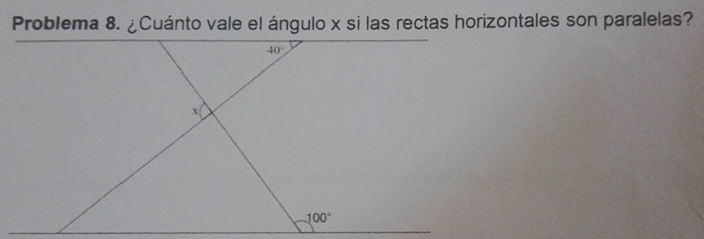 Problema 8. ¿Cuánto vale el ángulo x si las rectas horizontales son paralelas?