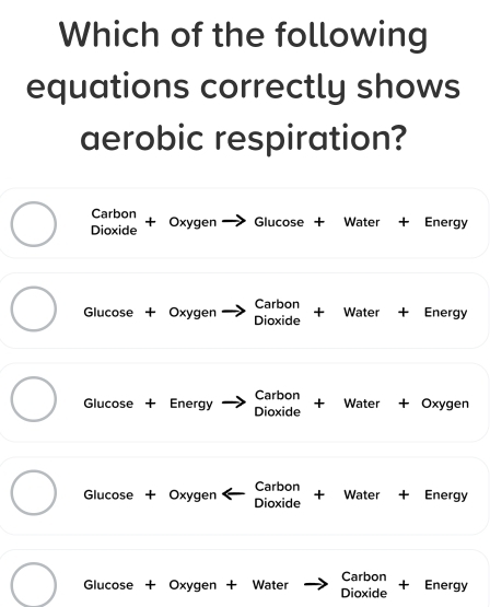 Which of the following 
equations correctly shows 
aerobic respiration? 
__ 
Carbon 
Dioxide + Oxygen Glucose + Water + Energy 
_ 
_ 
Carbon 
_ 
Glucose + Oxygen Dioxide + Water + Energy 
_ 
_ 
Carbon 
Glucose + Energy Dioxide + Water + Oxygen 
_ 
_ 
_ 
Glucose + Oxygen Dioxide Carbon + Water + Energy 
_ 
_ 
Glucose + Oxygen + Water Dioxide Carbon +₹ Energy