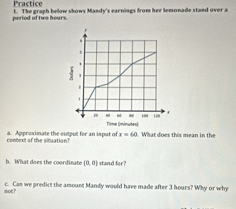 Practice 
1. The graph below shows Mandy's earnings from her lemonade stand over a 
period of two hours.
y
6
5
4
4 3
2
1
x
20 40 60 80 100 120
Time (minutes) 
a. Approximate the output for an input of x=60. What does this mean in the 
context of the situation? 
b. What does the coordinate (0,0) stand for? 
c. Can we predict the amount Mandy would have made after 3 hours? Why or why 
not?