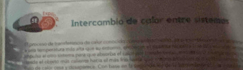 Expén 
5E 
Intercambio de calor entre sistemos 
El proceso de transferencia de calor conocido conte enbo peetó, eo p ame tec o e e 
a una temperatura más alta que su entoro, entuncls el adana hatical ta tr a ta f de 
ampulsa al otro sistema para que absorba el calof ade frangão en a anona la l acan d a 
desde el objeto más calienta hacia el más frío hakte sae enein ancabeats n m kei 
figlo de calor cesa y desaparece. Con base en la ses a day de a he o tn e a a l