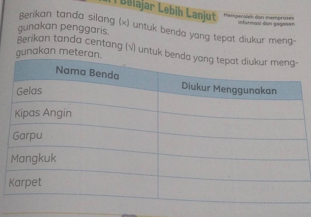 Bélajar Lebih Lanjut Memperoleh dan memproses 
informasi dan gagasan 
Berikan tanda silang (x) untuk benda yang tepat diukur meng- 
gunakan penggaris. 
Berikan tanda centang (√) untuk b 
gunakan metera