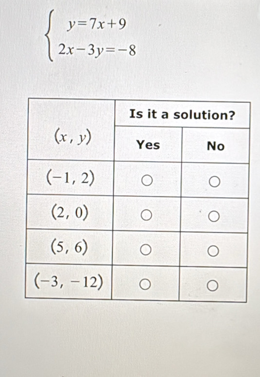 beginarrayl y=7x+9 2x-3y=-8endarray.