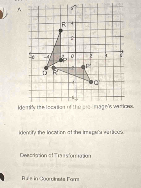 Identify the location of the pre-image's vertices.
Identify the location of the image's vertices.
Description of Transformation
Rule in Coordinate Form