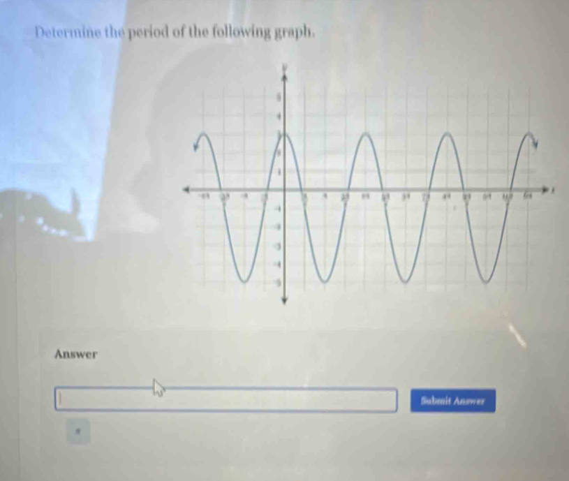 Determine the period of the following graph. 
. 
Answer 
Submit Answer