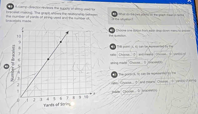 A camp director reviews the supply of string used for
bracelet making. The graph shows the relationship between What do the two poirts on the graph mean in terms
the number of yards of string used and the number of
bracelets made. of the situation?
Choose one option from each drop-down menu to answer
the question.
hể Thể point (4,6) can be represented by the 
ratio Choose... O and means Choose... C yard(s) of
string madé
Choose... C bracelet(s).
1 The point (6,9) can be represented by the
Choose... 。 and means Choose. 。 yard(s) cf string
ratio
made Choose... c bracelet(s).