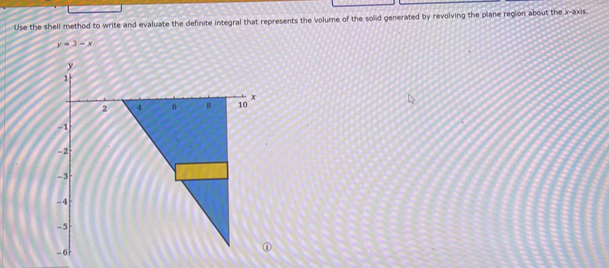 Use the shell method to write and evaluate the definite integral that represents the volume of the solid generated by revolving the plane region about the x-axis.
y=3-x