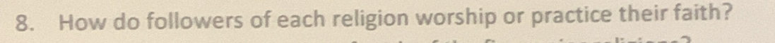 How do followers of each religion worship or practice their faith?