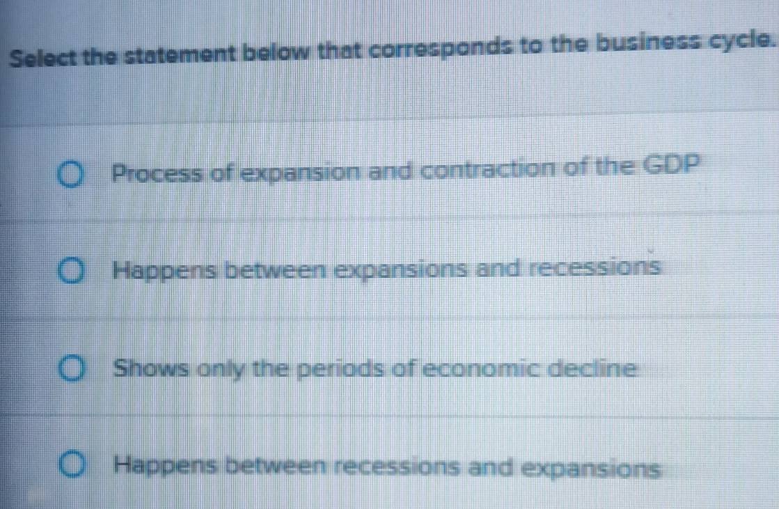 Select the statement below that corresponds to the business cycle.
Process of expansion and contraction of the GDP
Happens between expansions and recessions
Shows only the periods of economic decline
Happens between recessions and expansions