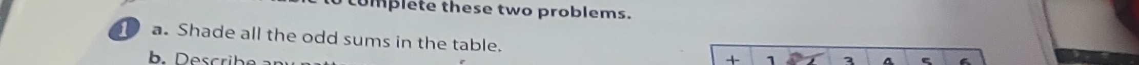 omplete these two problems. 
a. Shade all the odd sums in the table. + 1
cri b 3