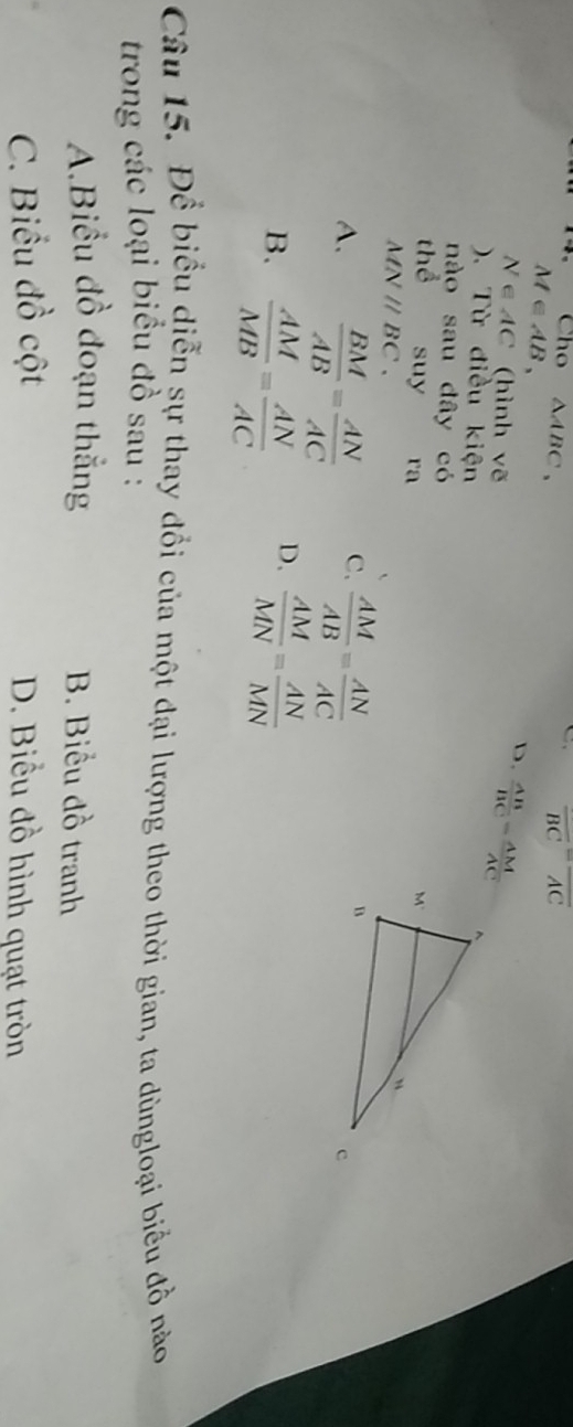 Cho overline BC=overline AC
M∈ AB, △ ABC,
D.  AB/BC = AM/AC 
N∈ AC (hình vẽ
). Từ điều kiện
nào sau dây có 
t b suy ra
MNparallel BC.
C.
A.  BM/AB = AN/AC   AM/AB = AN/AC 
D.
B.  AM/MB = AN/AC   AM/MN = AN/MN 
Câu 15. Để biểu diễn sự thay đổi của một đại lượng theo thời gian, ta dùngloại biểu đồ nào
trong các loại biểu đồ sau :
A.Biểu đồ đoạn thắng B. Biểu đồ tranh
C. Biểu đồ cột D. Biểu đồ hình quạt tròn