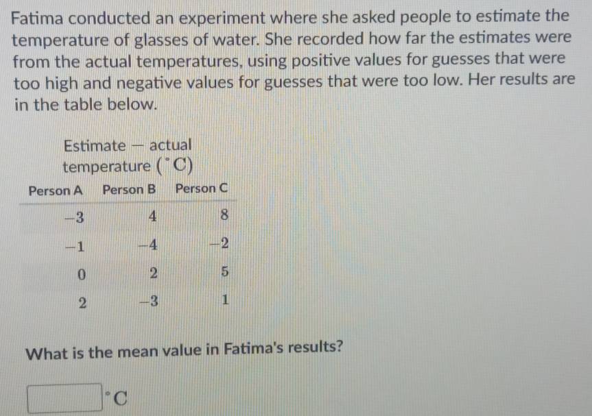 Fatima conducted an experiment where she asked people to estimate the 
temperature of glasses of water. She recorded how far the estimates were 
from the actual temperatures, using positive values for guesses that were 
too high and negative values for guesses that were too low. Her results are 
in the table below. 
Estimate — actual
(^circ C)
What is the mean value in Fatima's results?
□°C