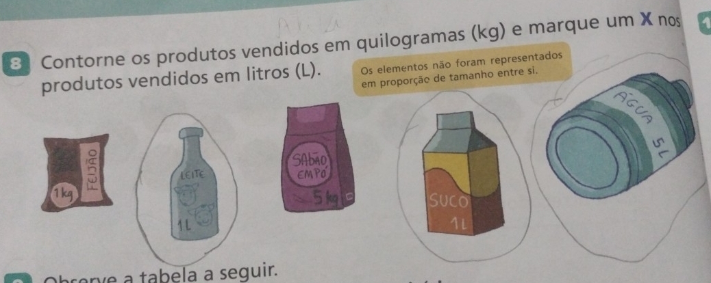 Contorne os produtos vendidos em quilogramas (kg) e marque um X nos 4
produtos vendidos em litros (L). Os elementos não foram representados 
em proporção de tamanho entre si. 
a 
S 
5 SAbAO 
LEITE EMPO
1kg 5 kg C SUCO 
1 L 1l
brorve a tabela a seguir.