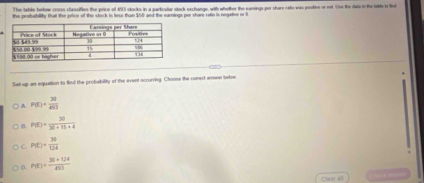 The table below cross classifies the price of 493 stocks in a particular stock exchange, with whether the earnings per share ratio was positive or not. Use the data in the table to find
the probability that the price of the stock is less than $50 and the earnings per share ratio is negative or 0.
Set-up an equation to find the probability of the event occurring. Choose the correct answer below
A. P(E)= 30/493 
B. P(E)= 30/30+15+4 
C. P(E)= 30/124 
D. P(E)= (30+124)/493 
Clear all Ch=2= PDo