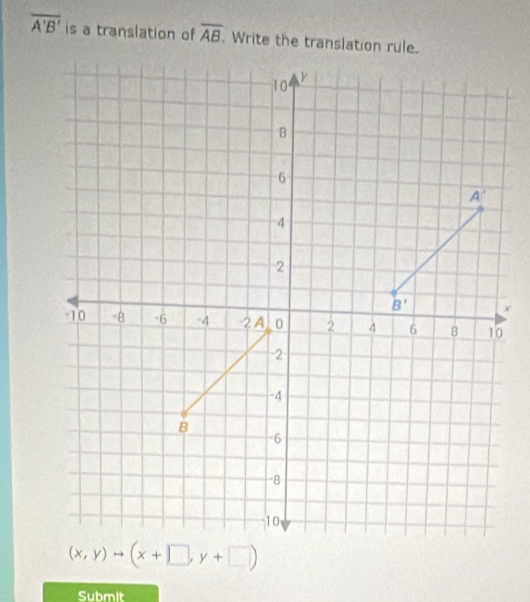 overline A'B' is a translation of overline AB. Write the translation rule.
×
(x,y)to (x+□ ,y+□ )
Submit