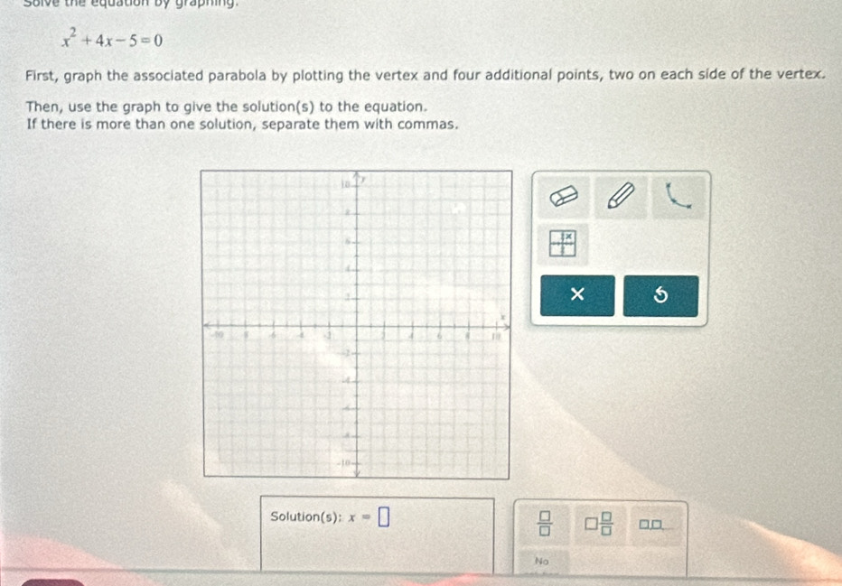 solve the equation by graphing .
x^2+4x-5=0
First, graph the associated parabola by plotting the vertex and four additional points, two on each side of the vertex. 
Then, use the graph to give the solution(s) to the equation. 
If there is more than one solution, separate them with commas.
 1x/1 
× 5 
Solution(s): x=□
 □ /□   □  □ /□   □□ 
No