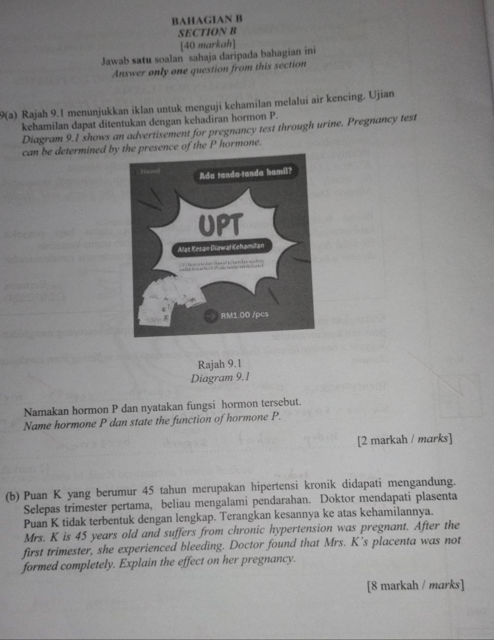 BAHAGIAN B 
SECTION B 
[40 markah] 
Jawab satu soalan sahaja daripada bahagian ini 
Answer only one question from this section 
9(a) Rajah 9.1 menunjukkan iklan untuk menguji kehamilan melalui air kencing. Ujian 
kehamilan dapat ditentukan dengan kehadiran hormon P. 
Diagram 9.1 shows an advertisement for pregnancy test through urine. Pregnancy test 
can be determined by the presence of the P hormone. 
Rajah 9.1 
Diagram 9.1 
Namakan hormon P dan nyatakan fungsi hormon tersebut. 
Name hormone P dan state the function of hormone P. 
[2 markah / marks] 
(b) Puan K yang berumur 45 tahun merupakan hipertensi kronik didapati mengandung. 
Selepas trimester pertama, beliau mengalami pendarahan. Doktor mendapati plasenta 
Puan K tidak terbentuk dengan lengkap. Terangkan kesannya ke atas kehamilannya. 
Mrs. K is 45 years old and suffers from chronic hypertension was pregnant. After the 
first trimester, she experienced bleeding. Doctor found that Mrs. K’s placenta was not 
formed completely. Explain the effect on her pregnancy. 
[8 markah / marks]